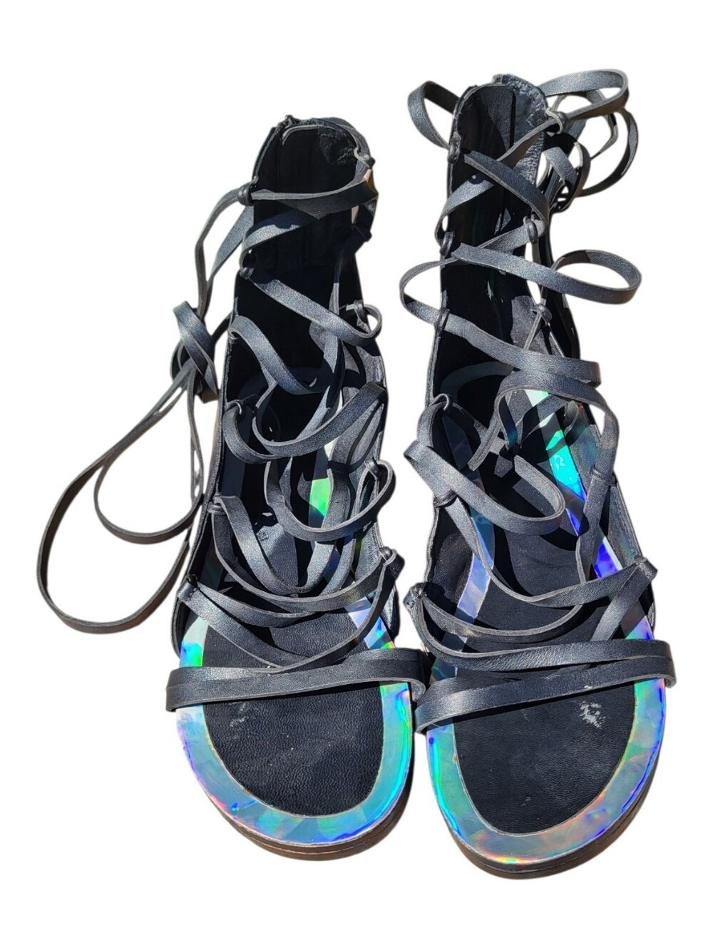 Black Lace-Up Gladiator Sandals w/ Ankle Wraps & Iridescent Silver Accents-Sz 11 - Picture 3 of 6
